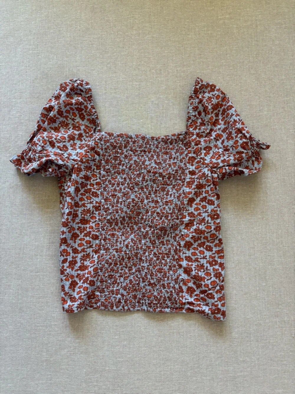 Madewell Rust Floral Square-Neck Puff Sleeve Top